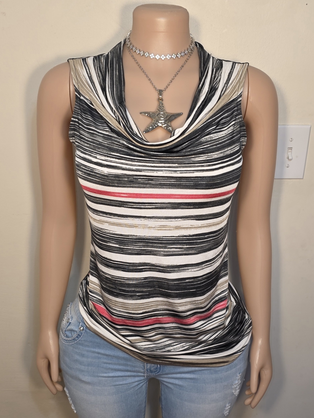 Dana Buchman Striped Cowl Neck Sleeveless Top in Black White Tan Pink